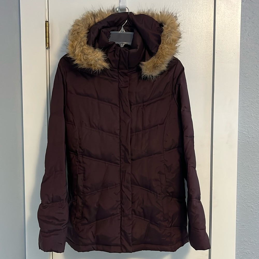 New York & Company Dark Plum Hooded Faux Fur Coat